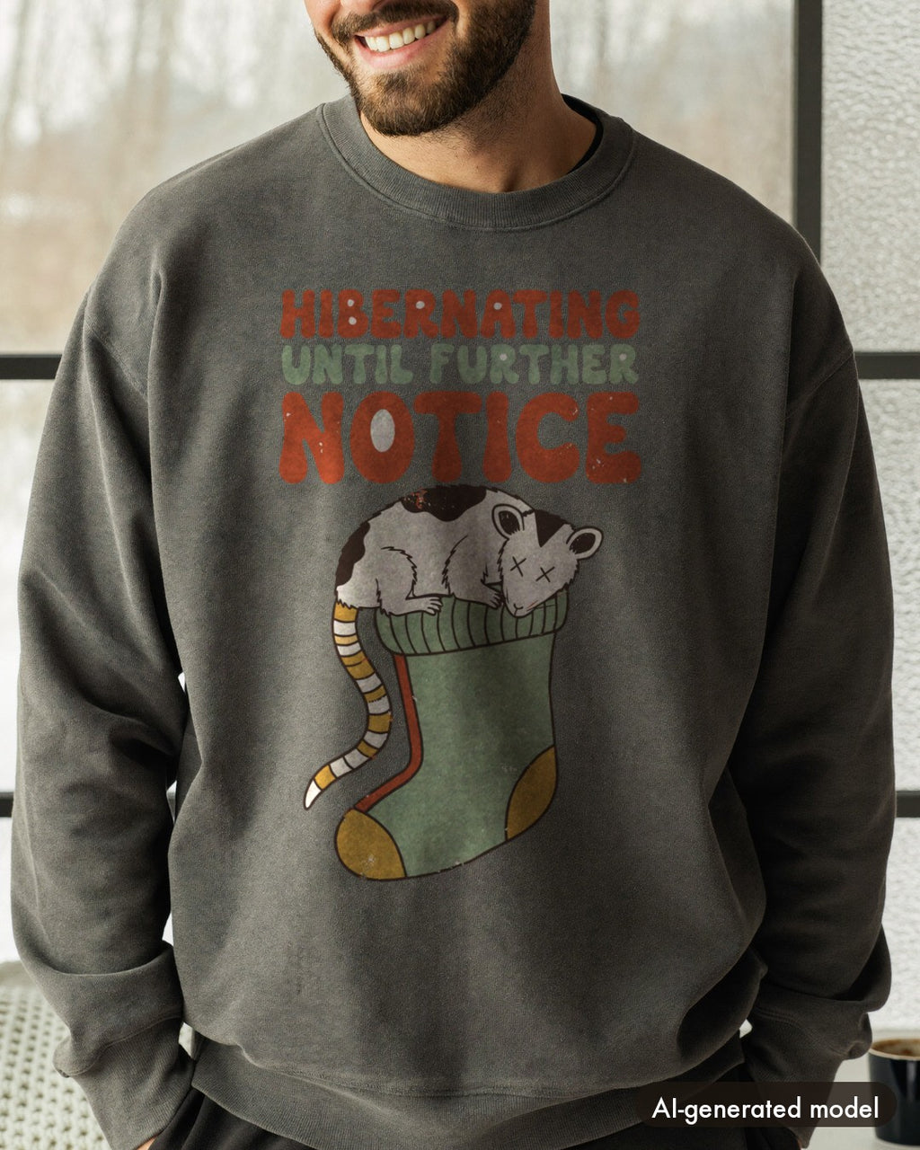 AI-generated model wearing the Hibernating Until Further Notice Possum Sweatshirt