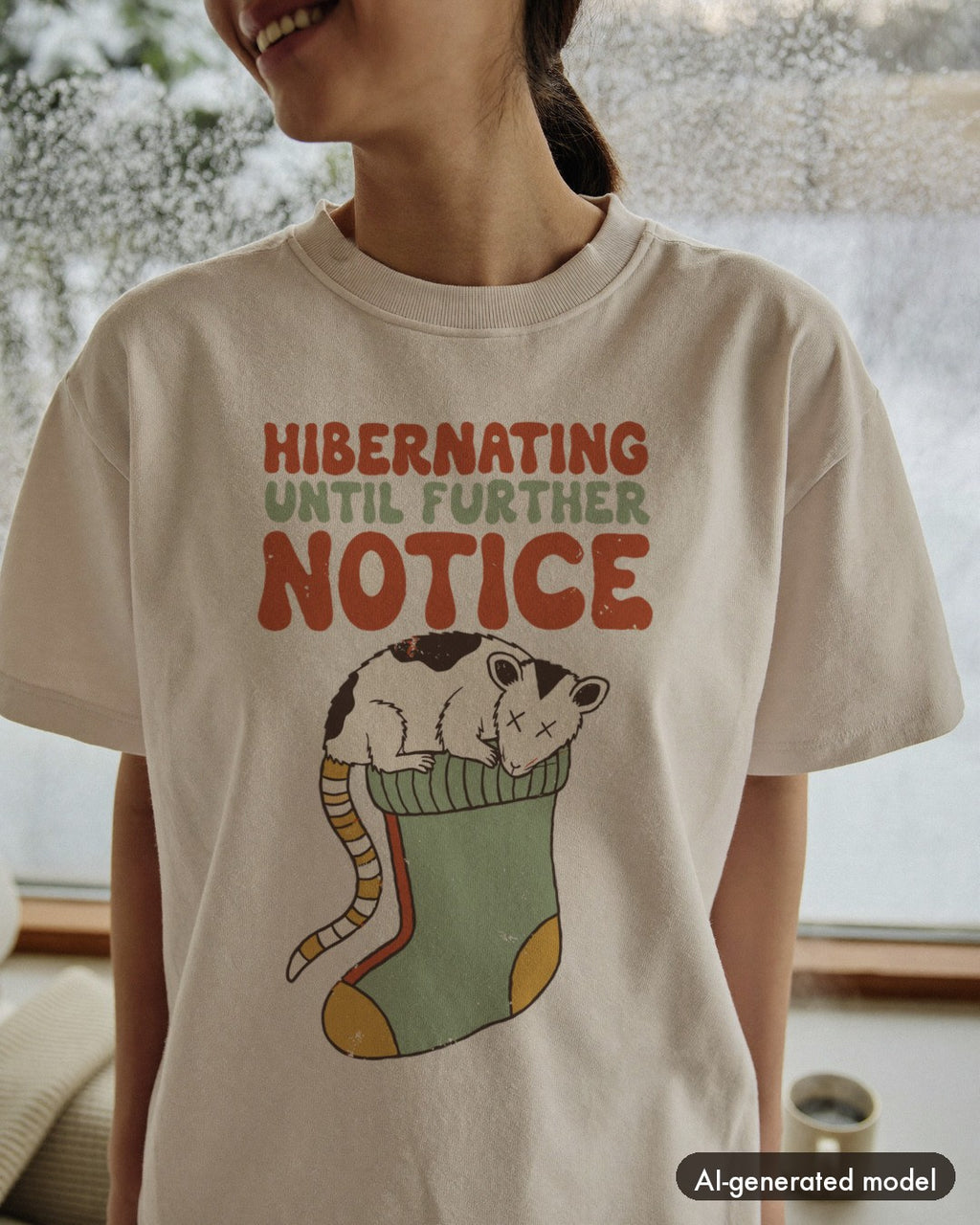 AI-generated model wearing the Hibernating Until Further Notice Possum Shirt
