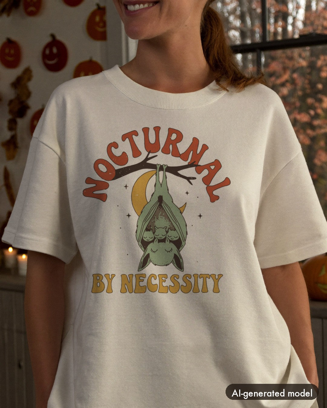 AI-generated model wearing the Nocturnal By Necessity Mama Bat Shirt