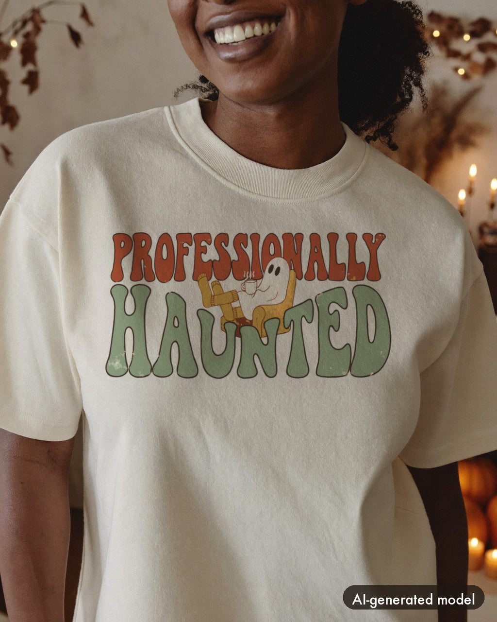 AI-generated model wearing the Professionally Haunted Ghost Shirt