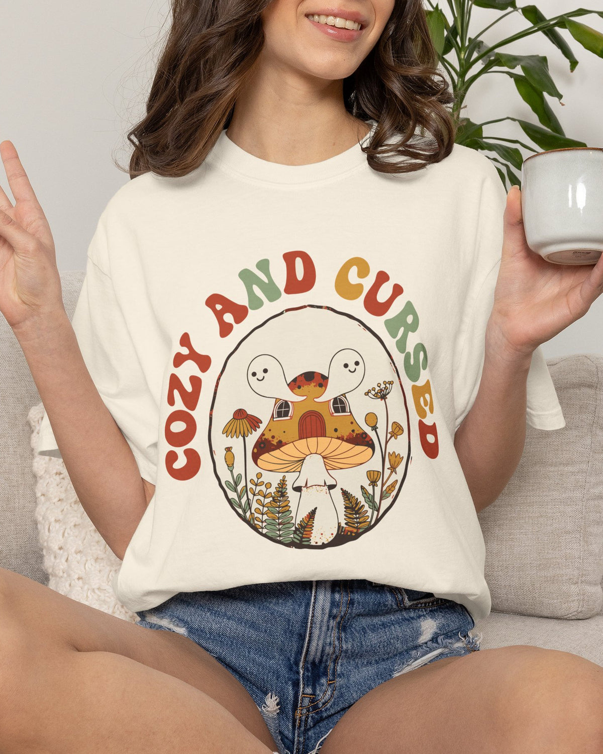 Cozy And Cursed Mushroom Cottage Shirt, worn by a model