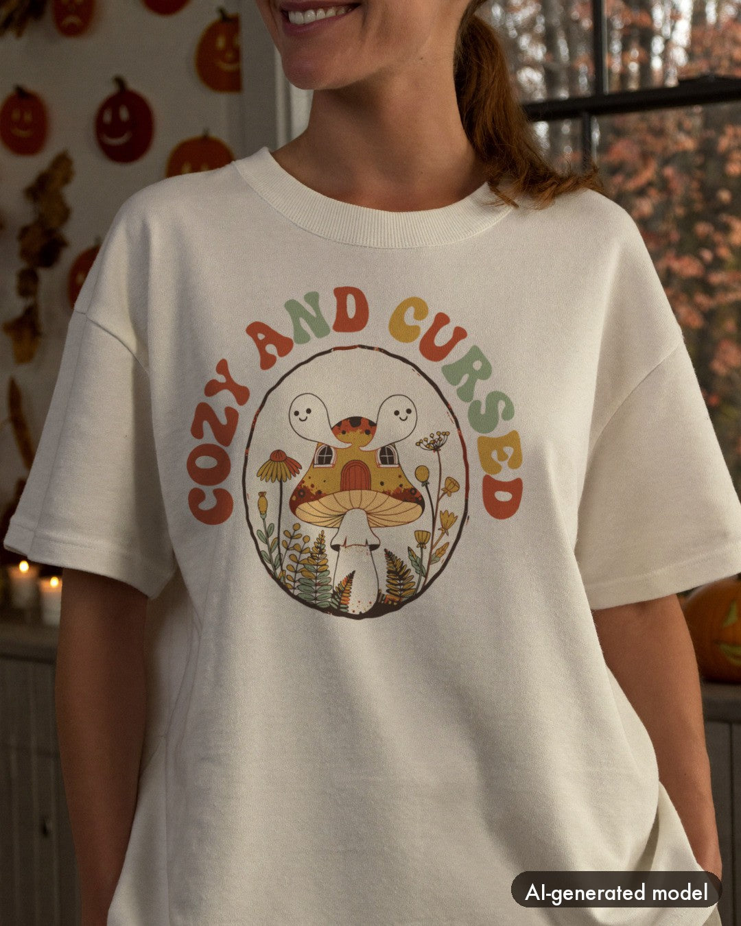 AI-generated model wearing the Cozy And Cursed Mushroom Cottage Shirt