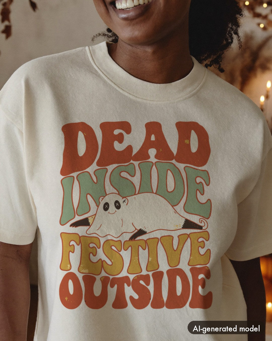 AI-generated model wearing the Dead Inside Festive Outside Possum Shirt