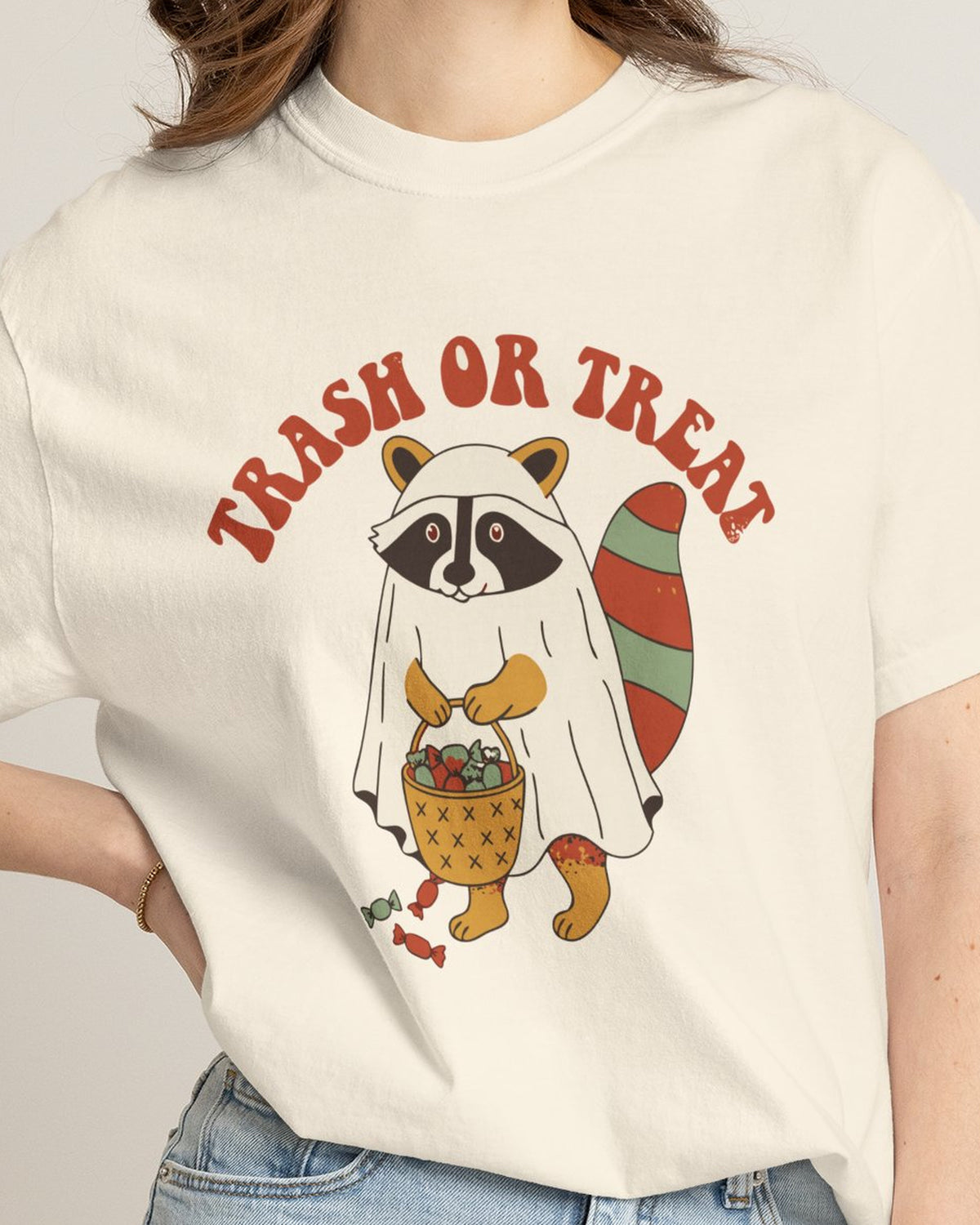Trash Or Treat Raccoon Ghost Shirt, worn by a model