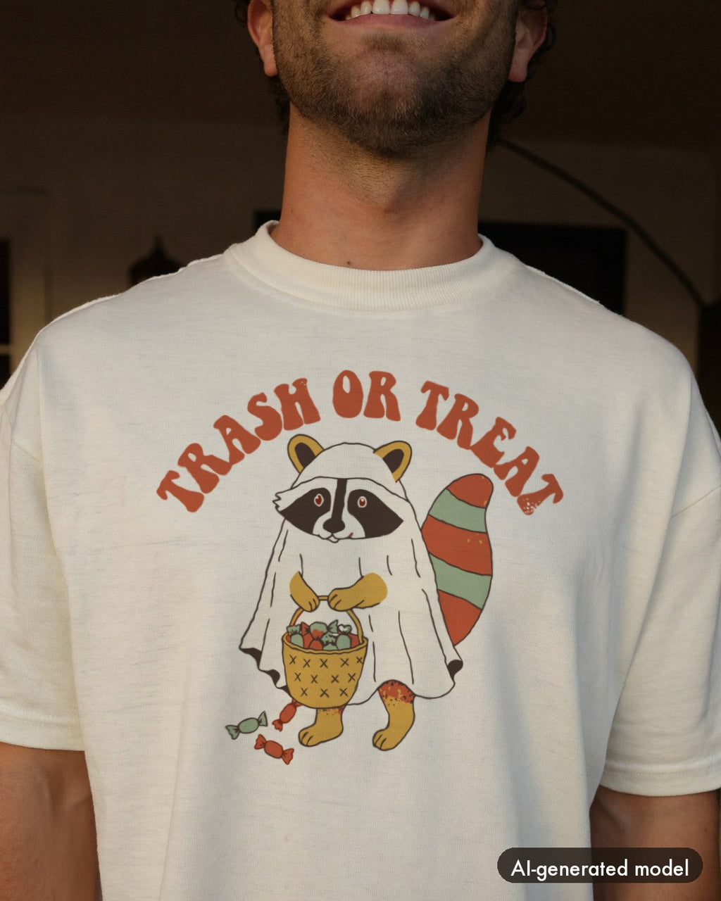 AI-generated model wearing the Trash Or Treat Raccoon Ghost Shirt