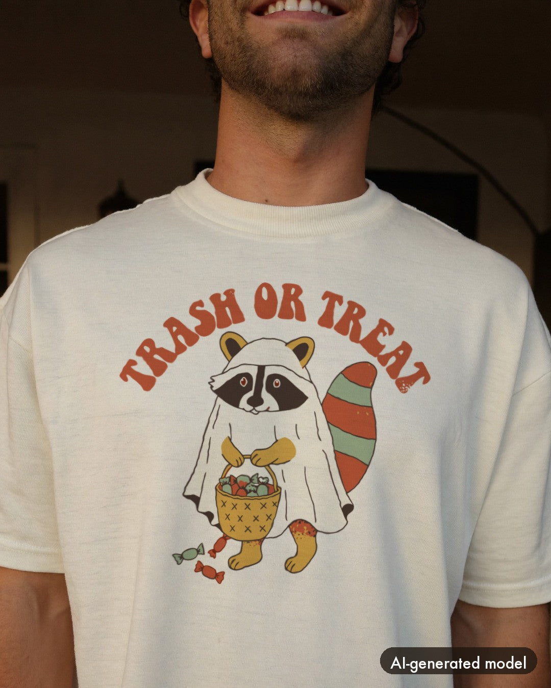 AI-generated model wearing the Trash Or Treat Raccoon Ghost Shirt