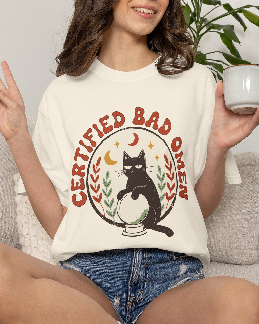 Certified Bad Omen Black Cat Shirt, worn by a model