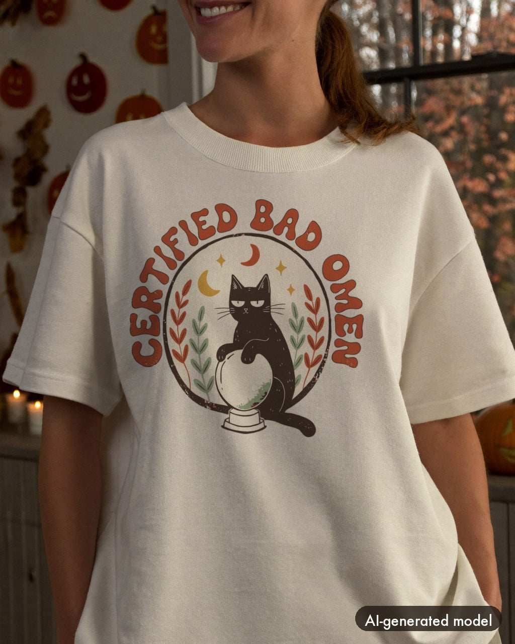 AI-generated model wearing the Certified Bad Omen Black Cat Shirt
