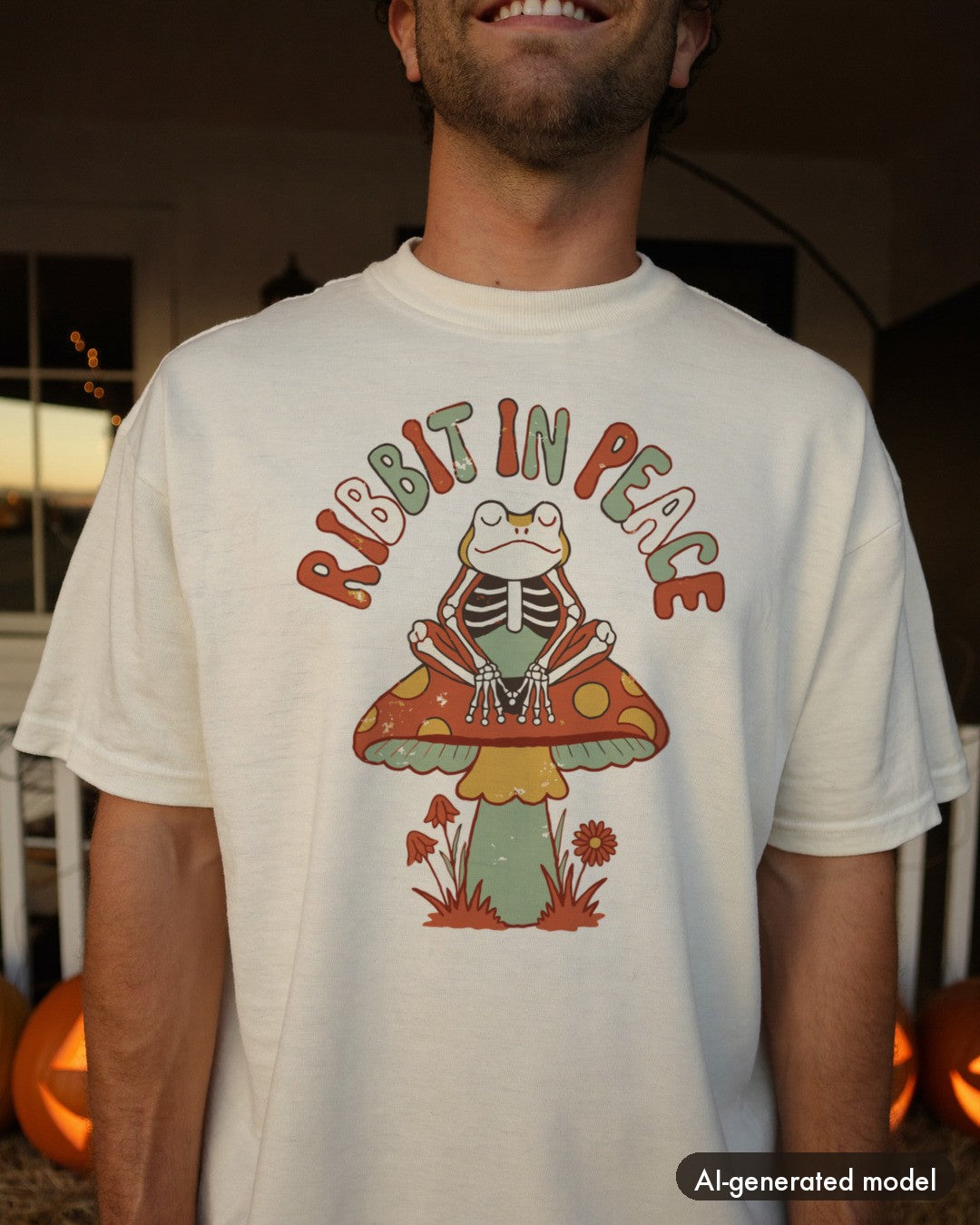 AI-generated model wearing the Ribbit In Peace Skeleton Frog Shirt