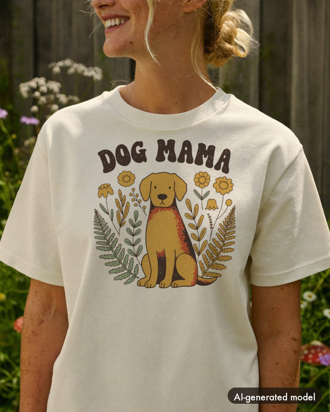 AI-generated model wearing the Dog Mama Shirt