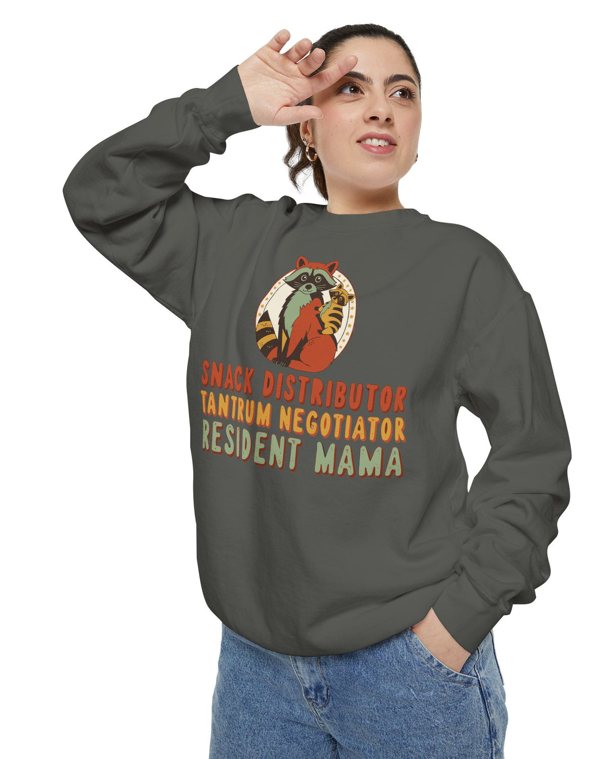 Snack Distributor Tantrum Negotiator Resident Mama Sweatshirt, worn by a model