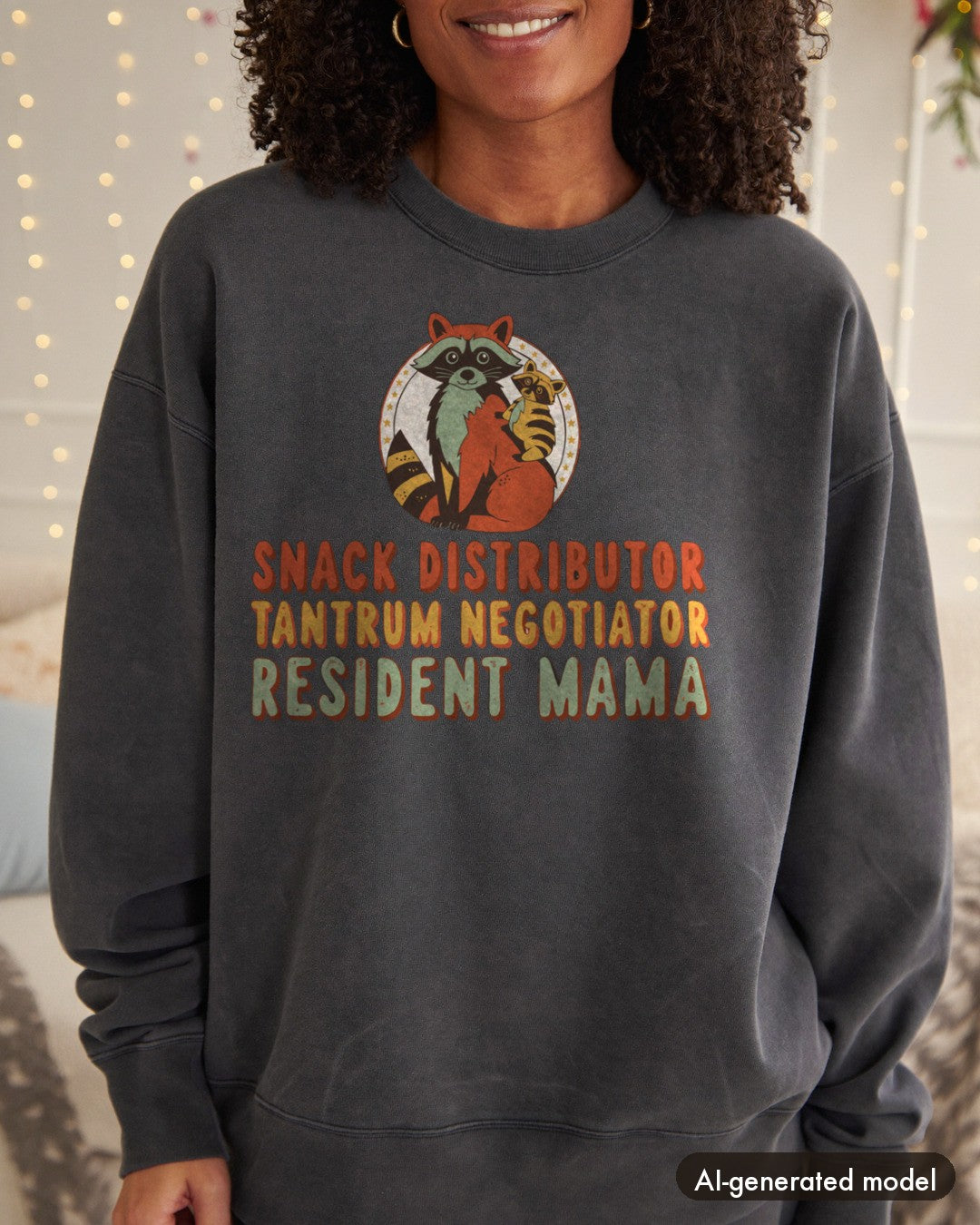 AI-generated model wearing the Snack Distributor Tantrum Negotiator Resident Mama Sweatshirt