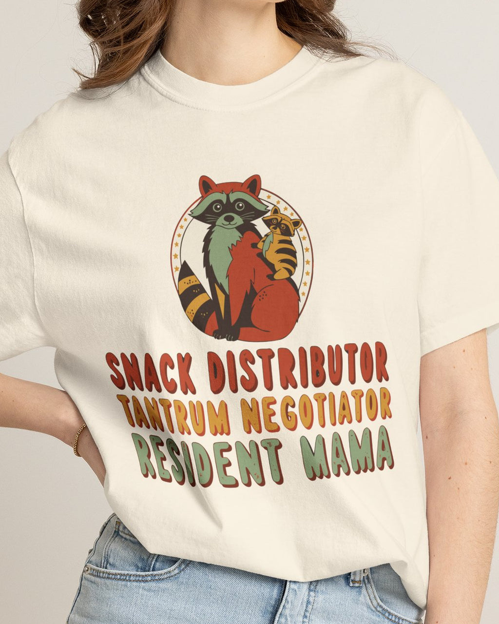 Snack Distributor Tantrum Negotiator Resident Mama Shirt, worn by a model