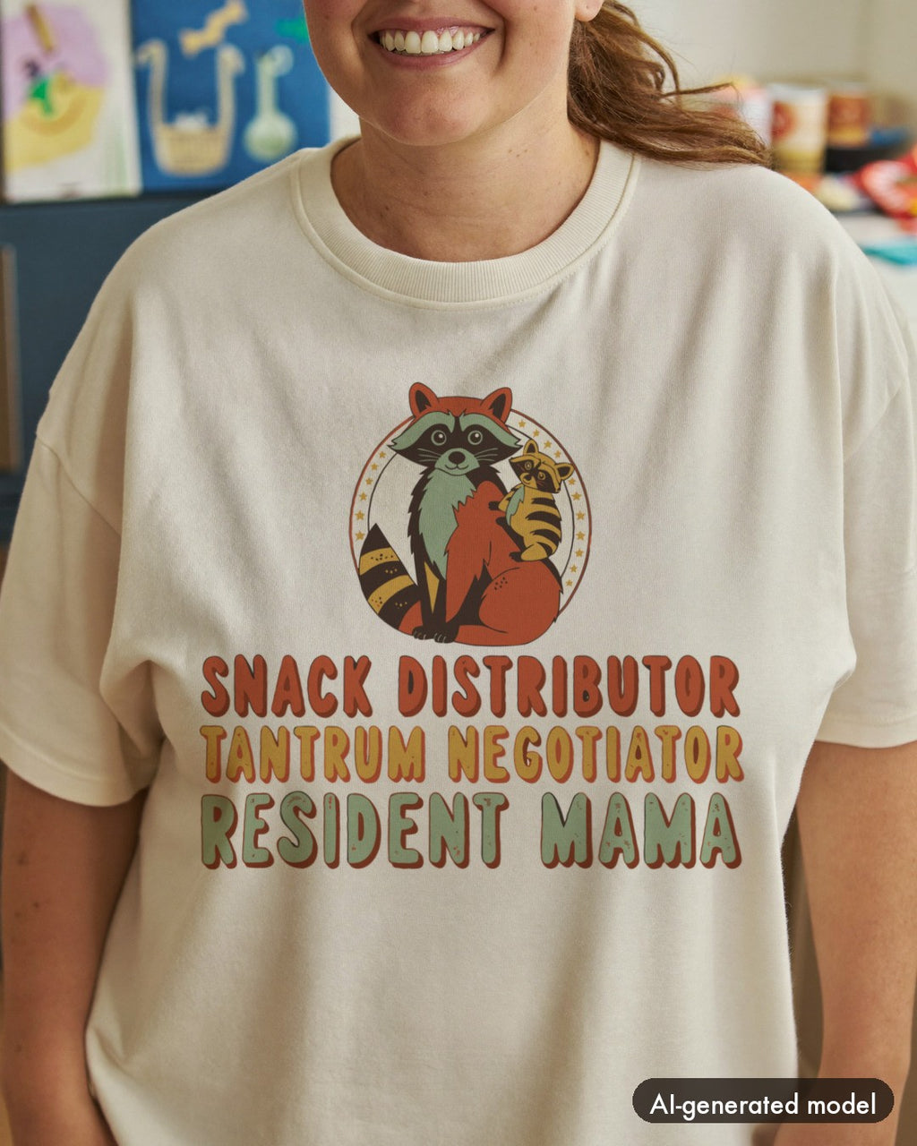 AI-generated model wearing the Snack Distributor Tantrum Negotiator Resident Mama Shirt