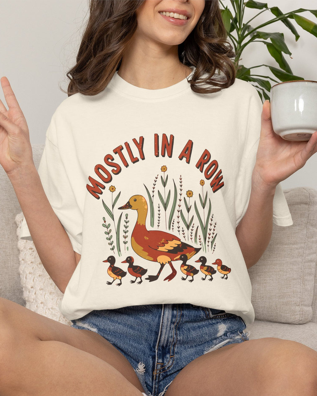 Mostly In A Row Duck Mom Shirt, worn by a model