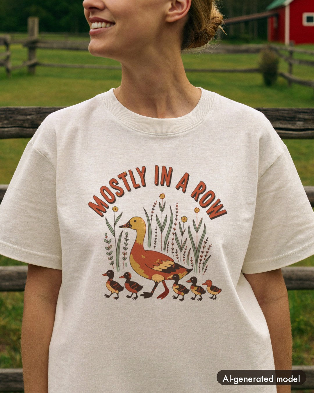 AI-generated model wearing the Mostly In A Row Duck Mom Shirt