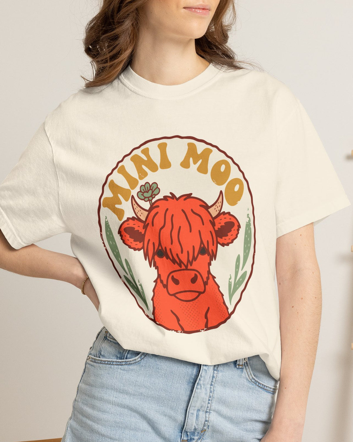Mini Moo Highland Cow Tee, worn by a model