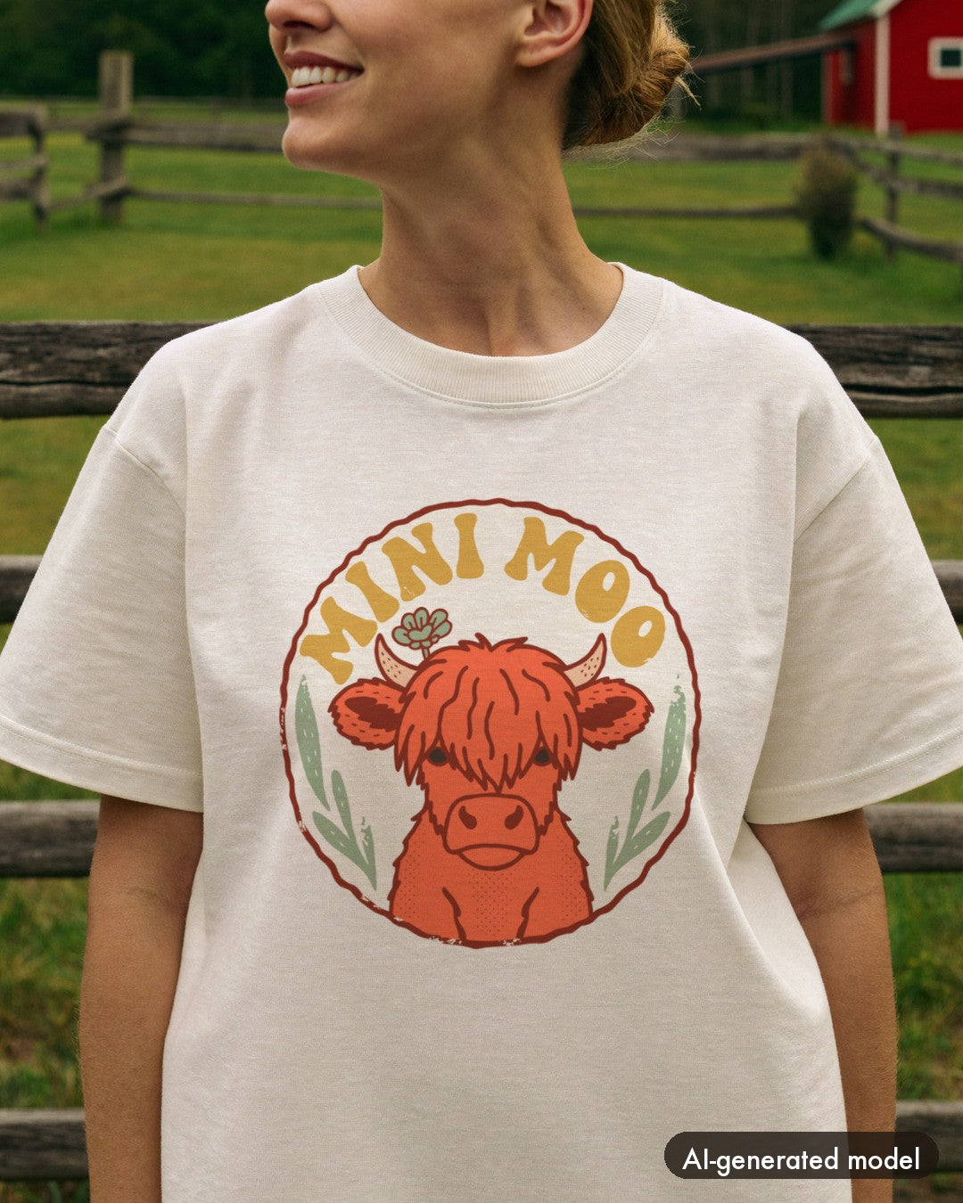 AI-generated model wearing the Mini Moo Highland Cow Tee