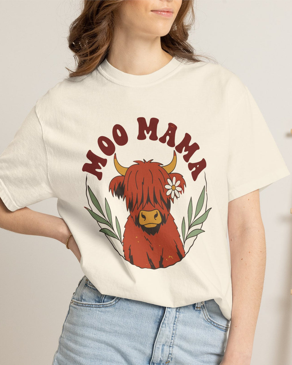 Moo Mama Highland Cow Shirt, worn by a model