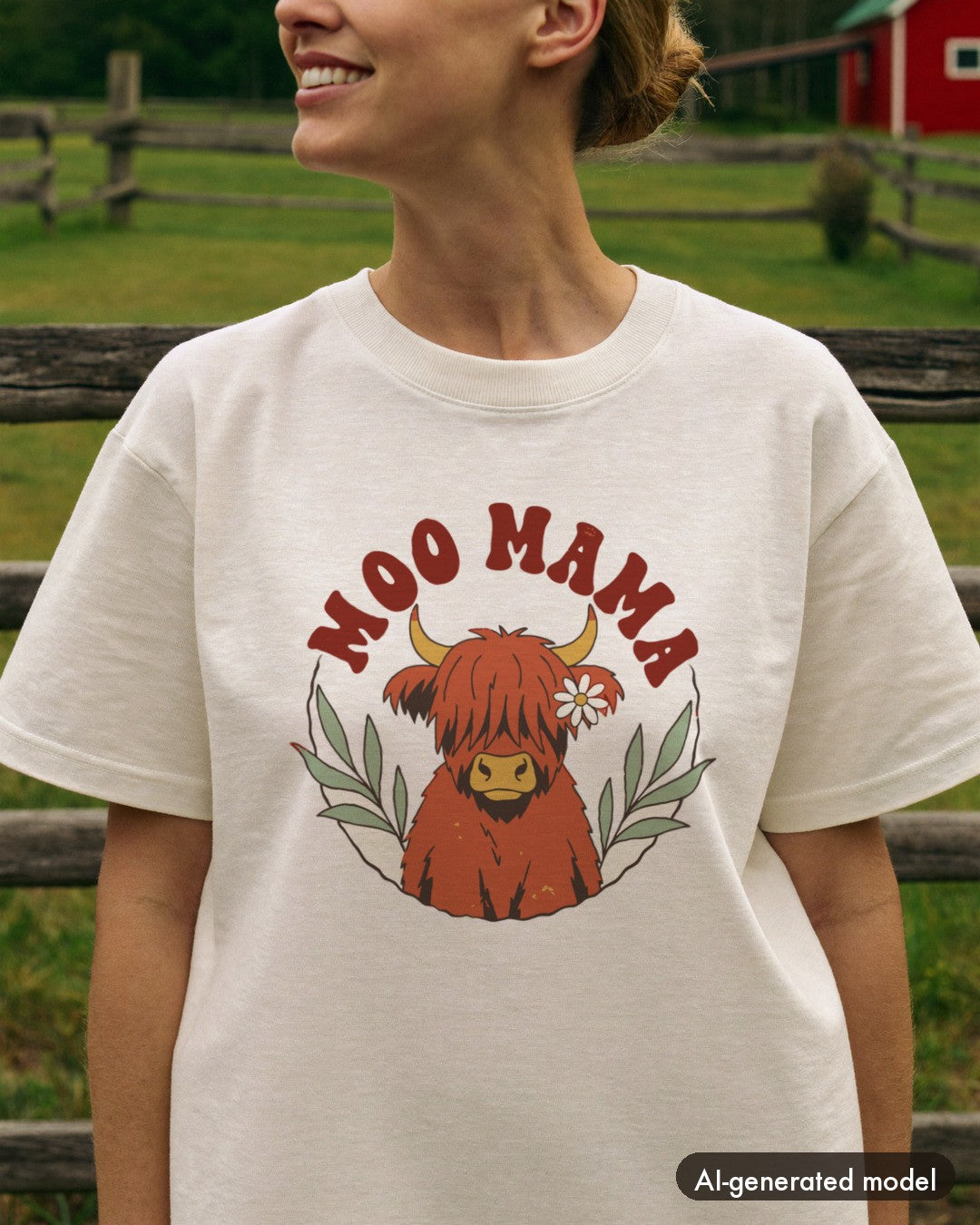 AI-generated model wearing the Moo Mama Highland Cow Shirt