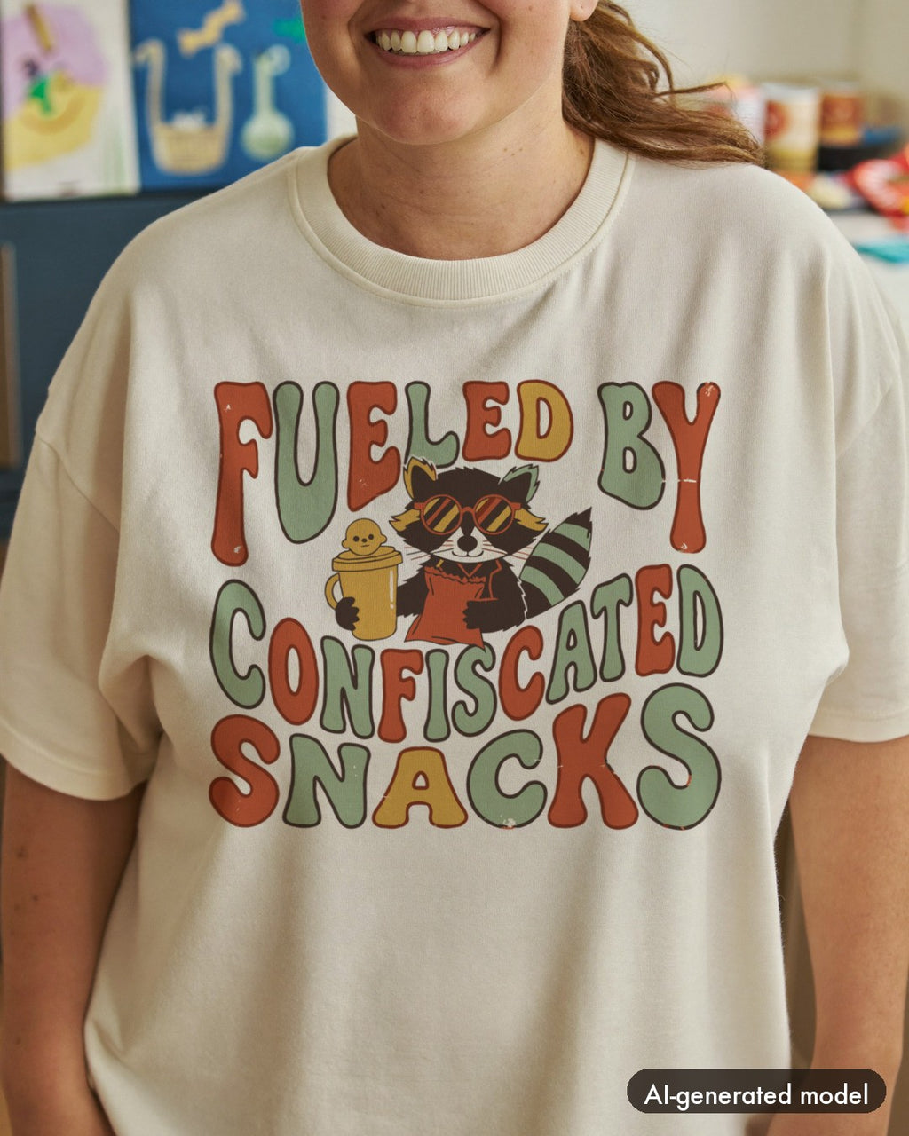 AI-generated model wearing the Fueled By Confiscated Snacks Raccoon Mom Shirt