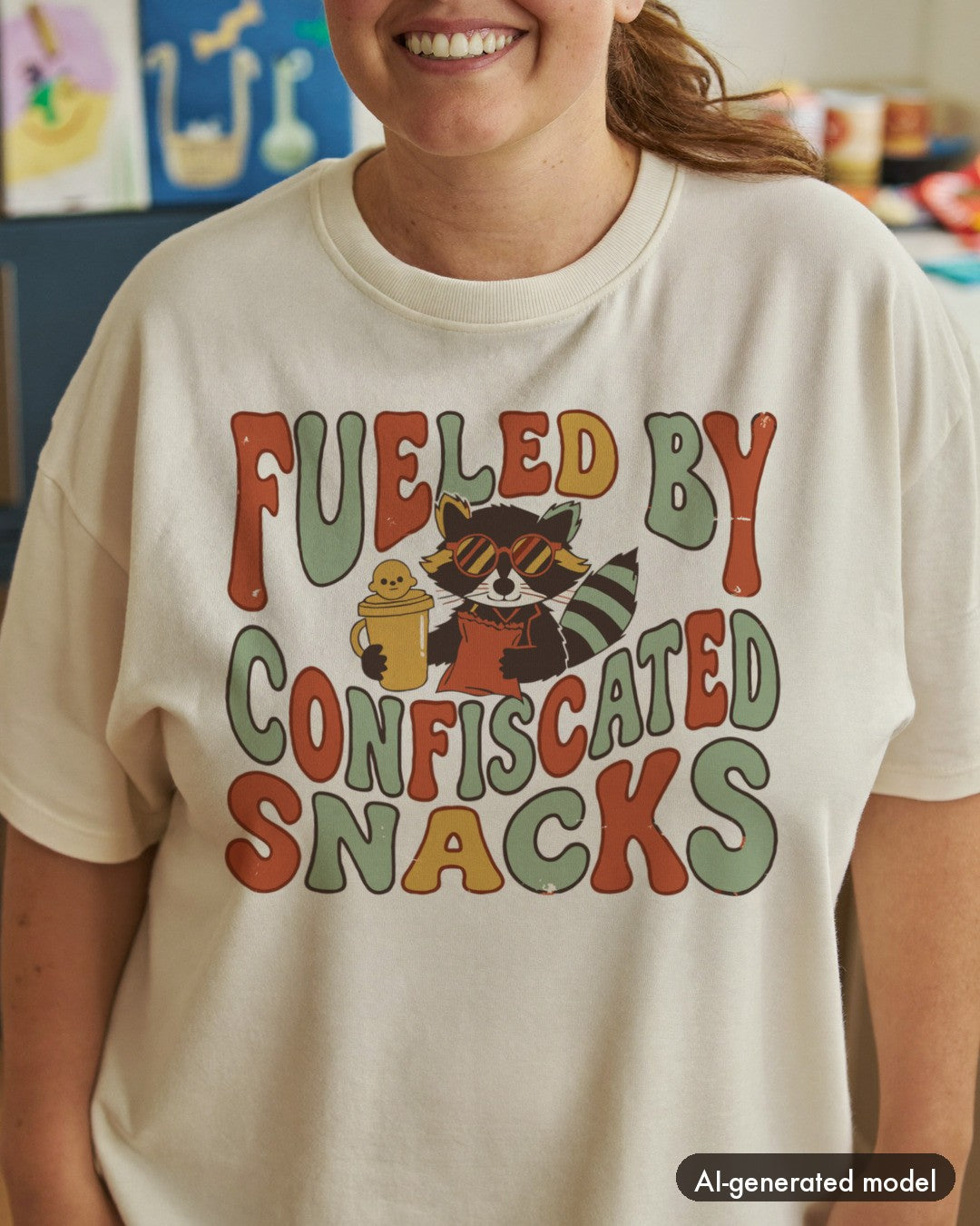 AI-generated model wearing the Fueled By Confiscated Snacks Raccoon Mom Shirt