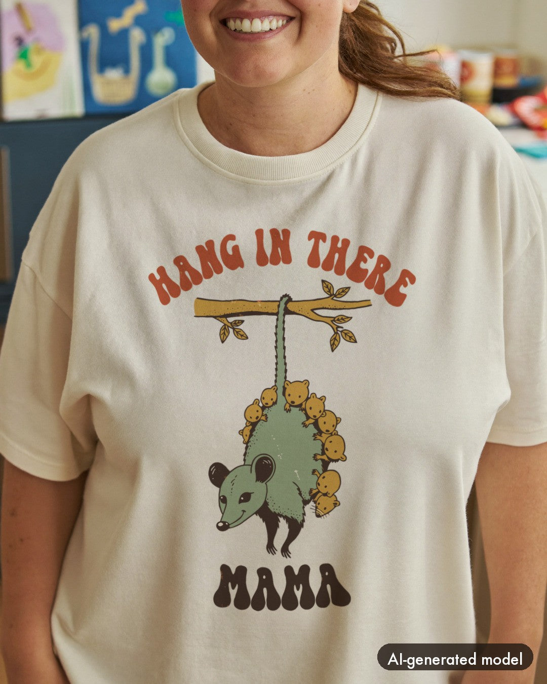 AI-generated model wearing the Hang In There Mama Possum Shirt