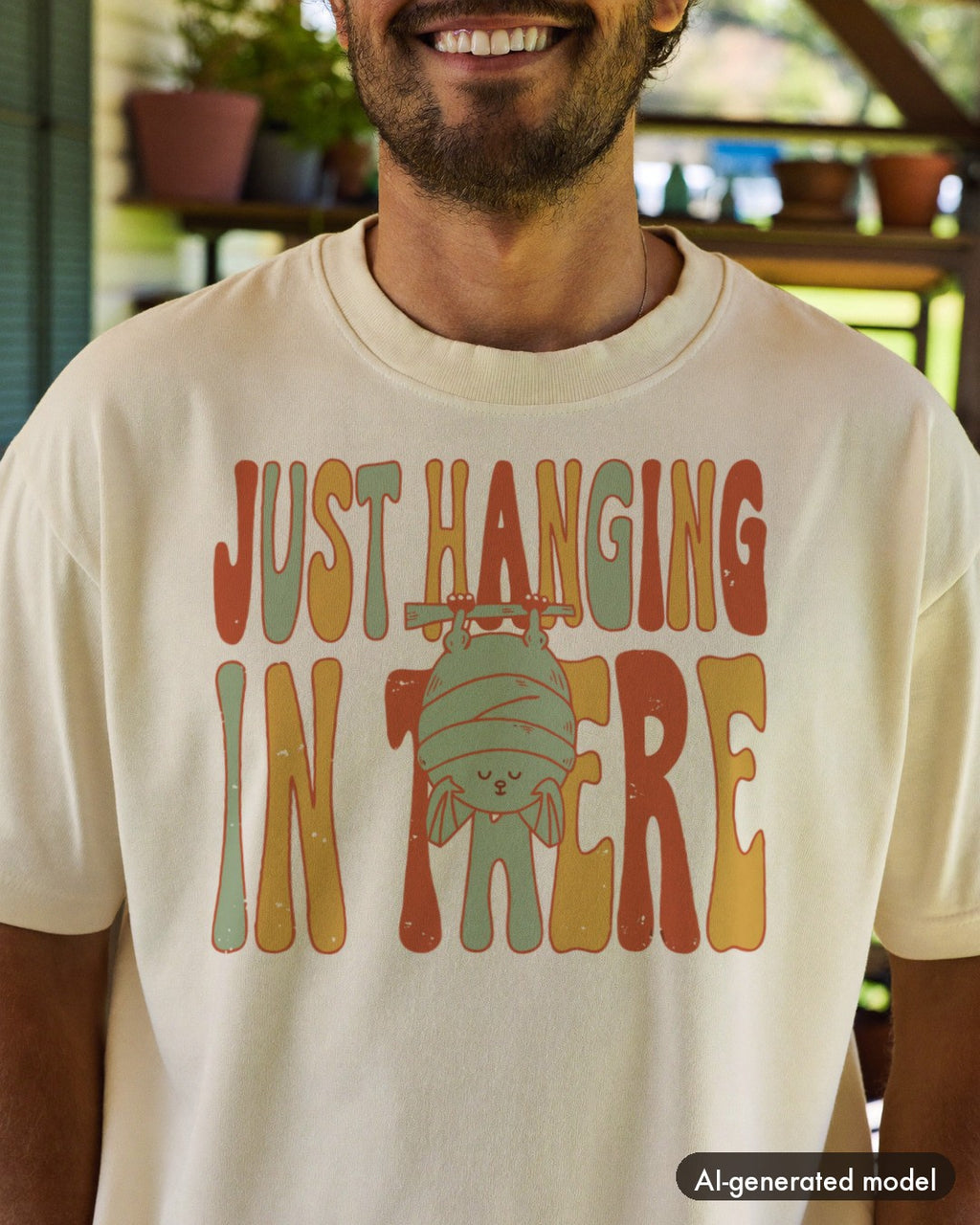 AI-generated model wearing the Just Hanging In There Bat Shirt