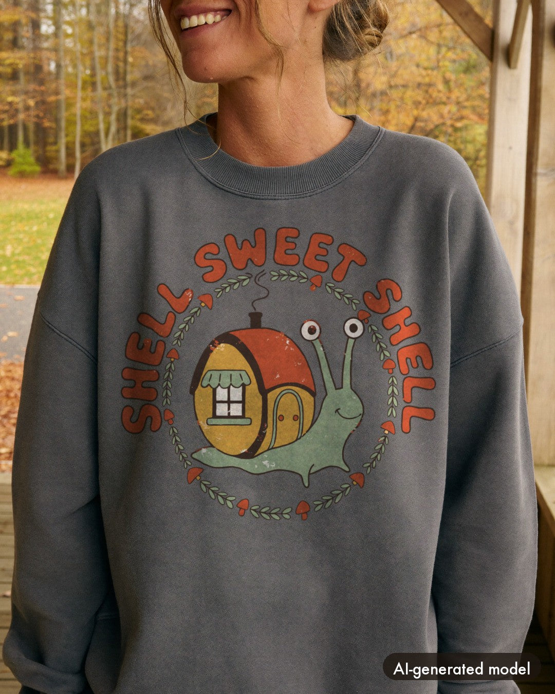 AI-generated model wearing the Shell Sweet Shell Snail Sweatshirt