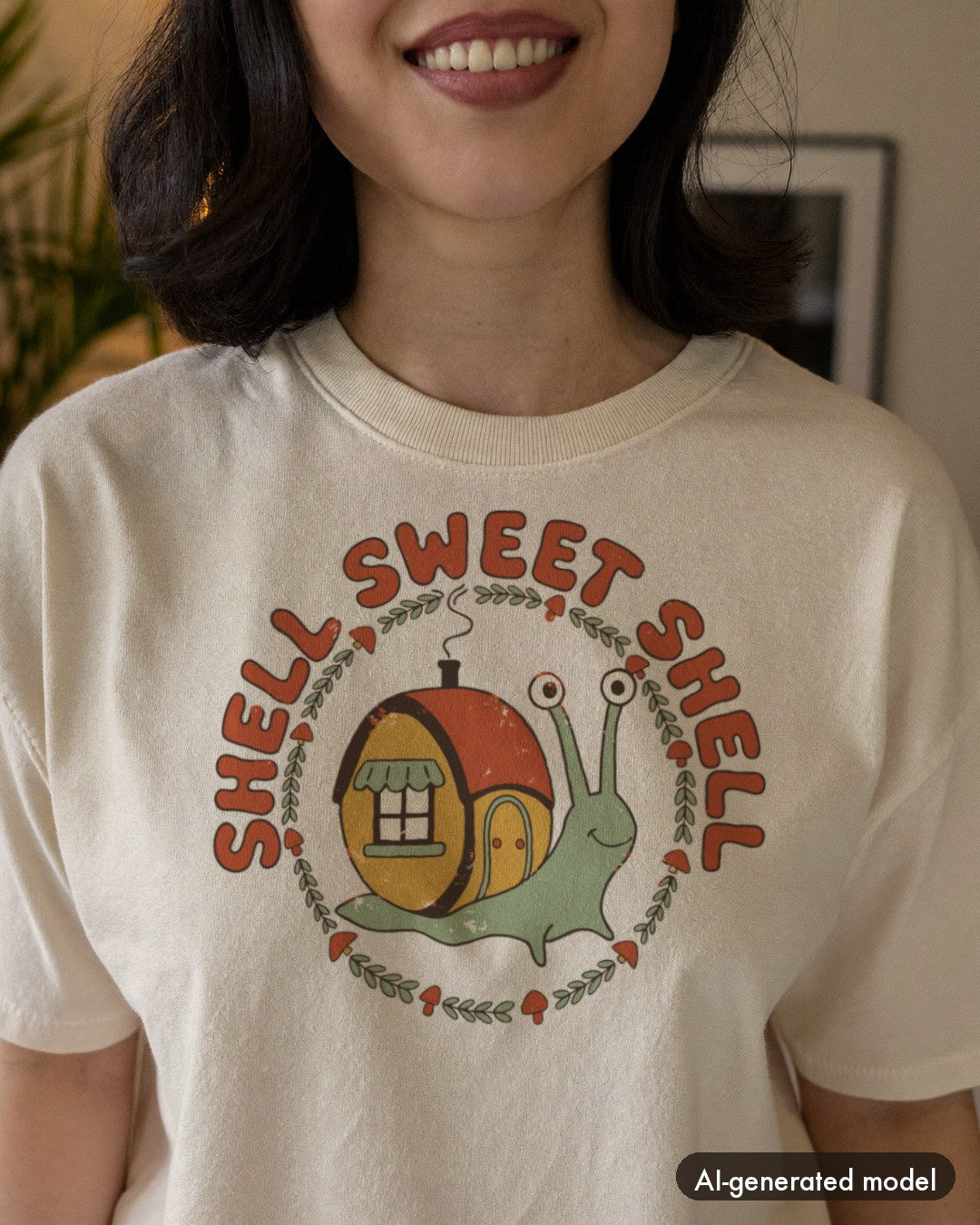 AI-generated model wearing the Shell Sweet Shell Snail Shirt