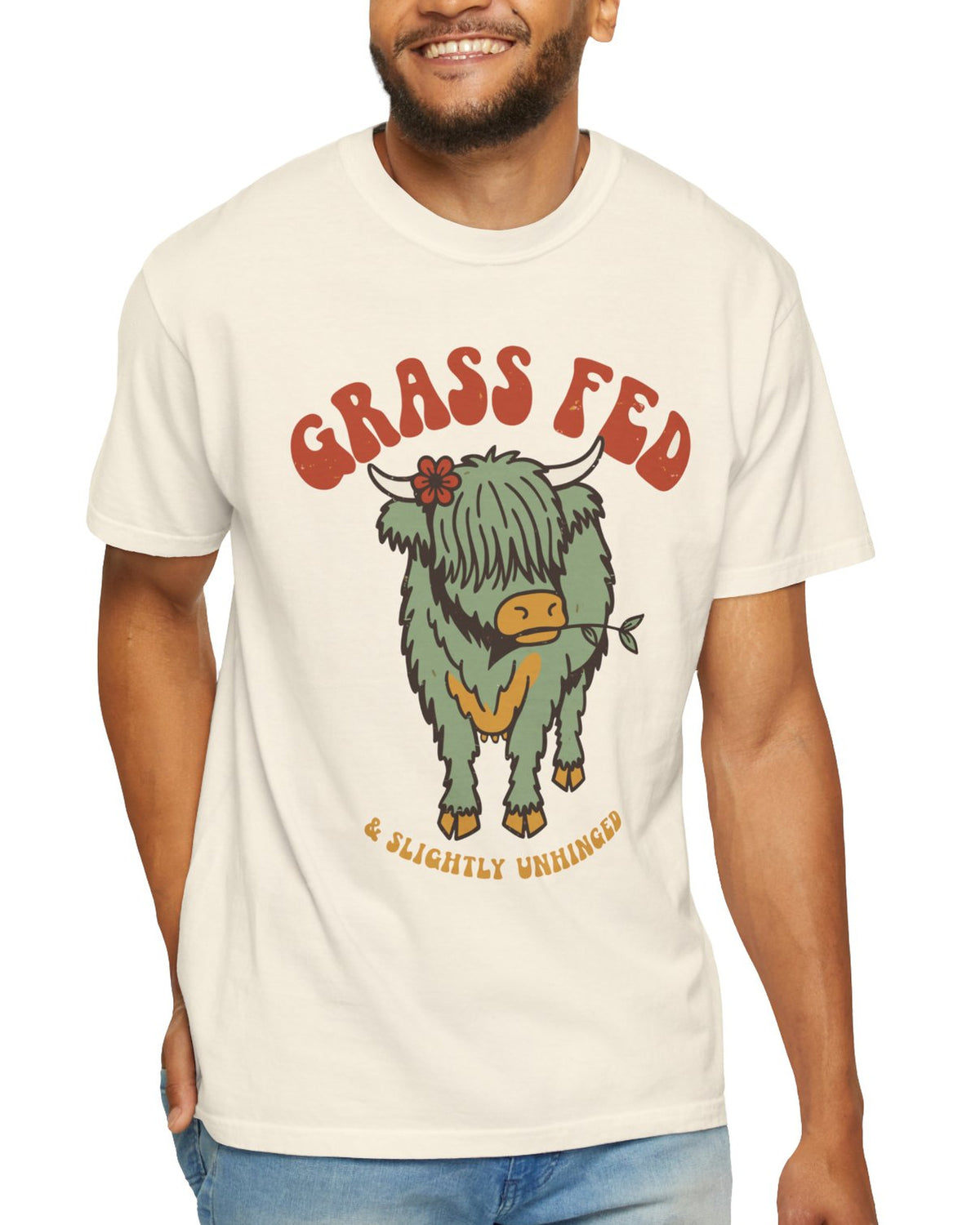 Grass Fed & Slightly Unhinged Highland Cow Shirt, worn by a model