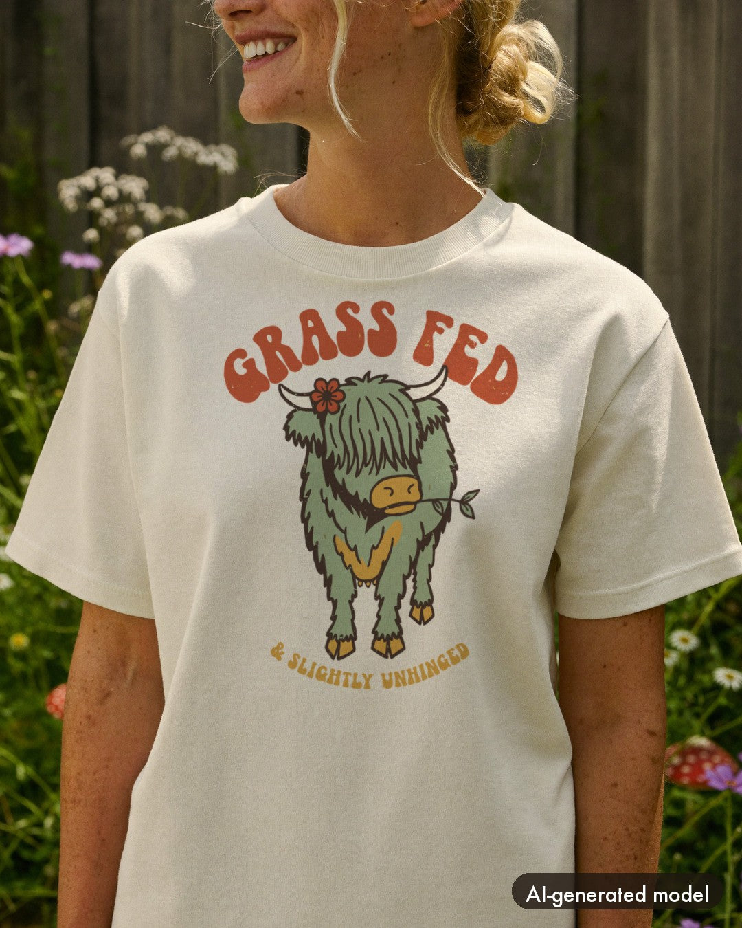 AI-generated model wearing the Grass Fed & Slightly Unhinged Highland Cow Shirt