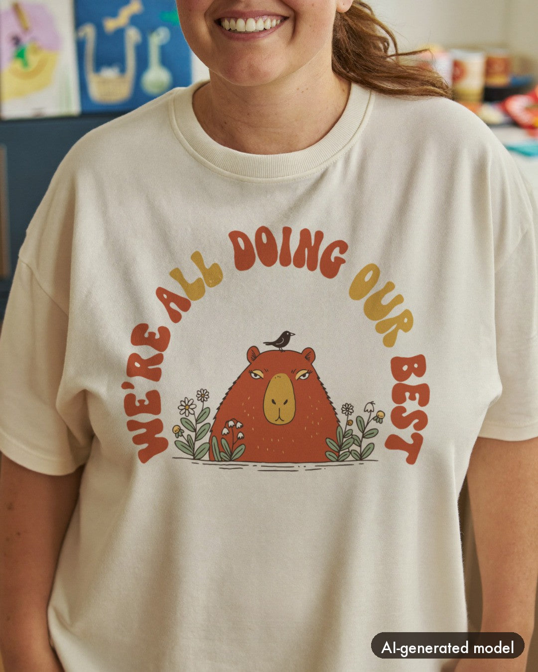 AI-generated model wearing the We're All Doing Our Best Capybara Shirt