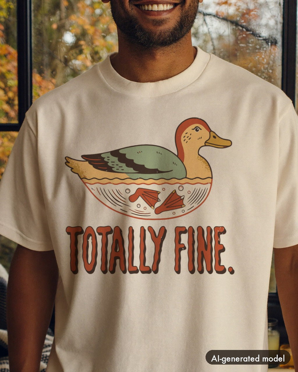 AI-generated model wearing the Totally Fine Duck Shirt