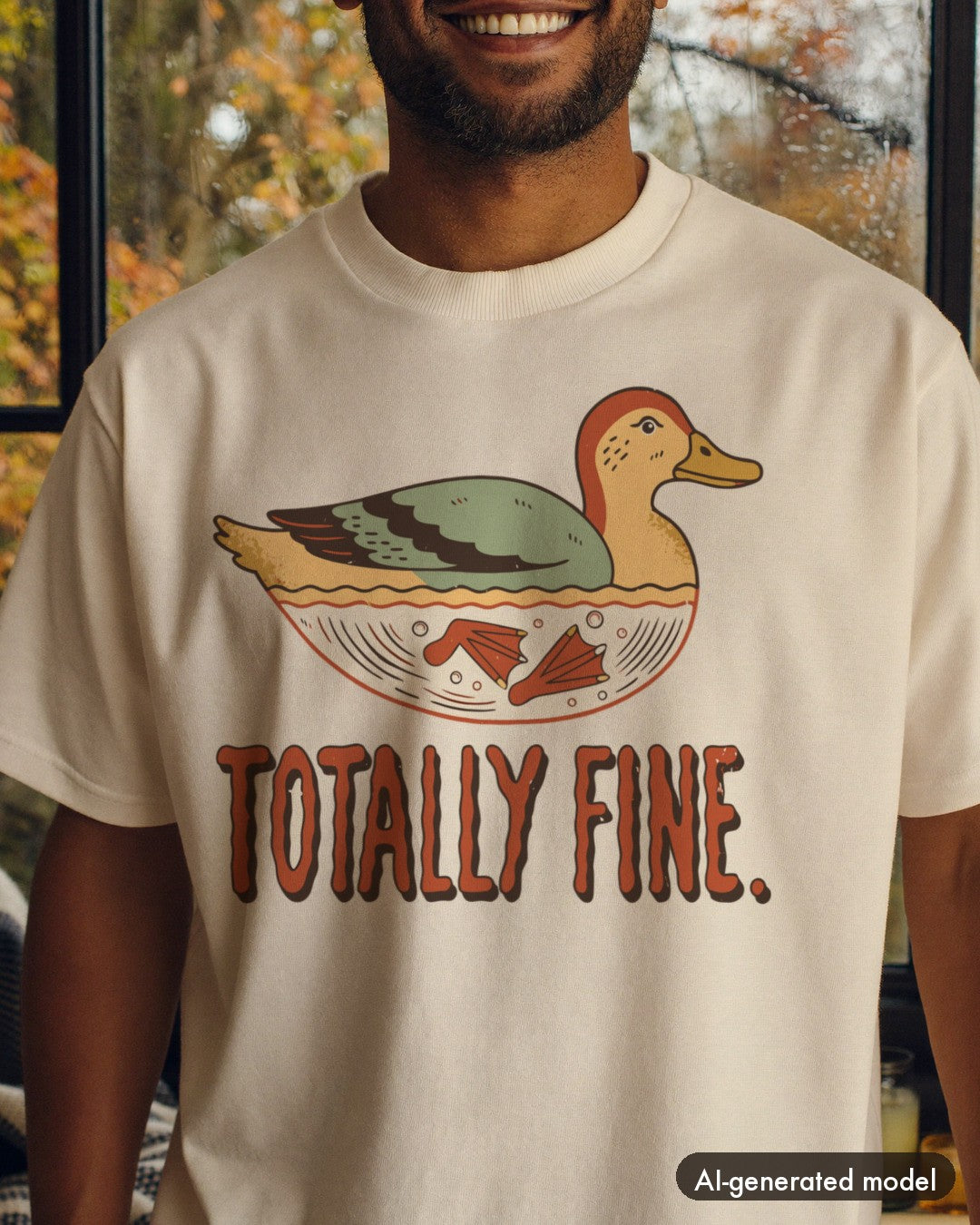 AI-generated model wearing the Totally Fine Duck Shirt