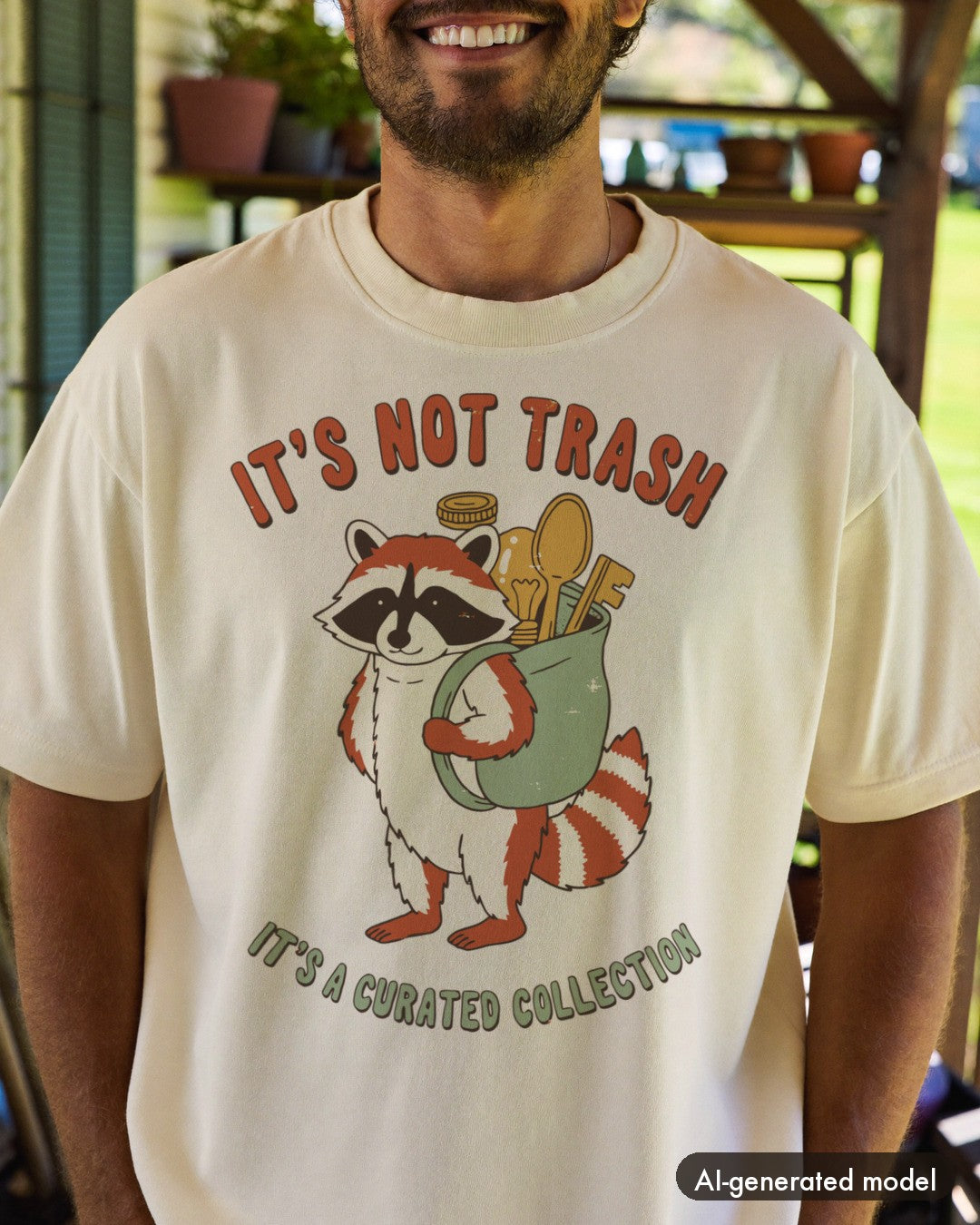 AI-generated model wearing the It's Not Trash It's A Curated Collection Raccoon Shirt
