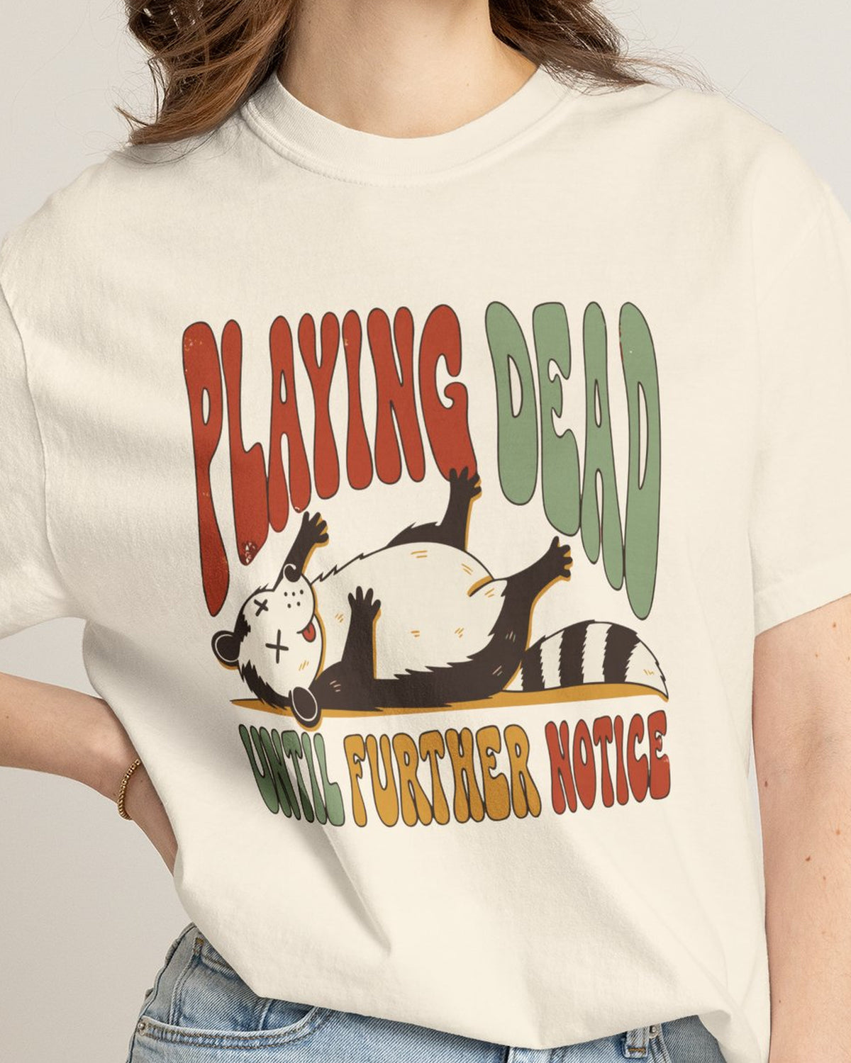 Playing Dead Until Further Notice Possum Shirt, worn by a model