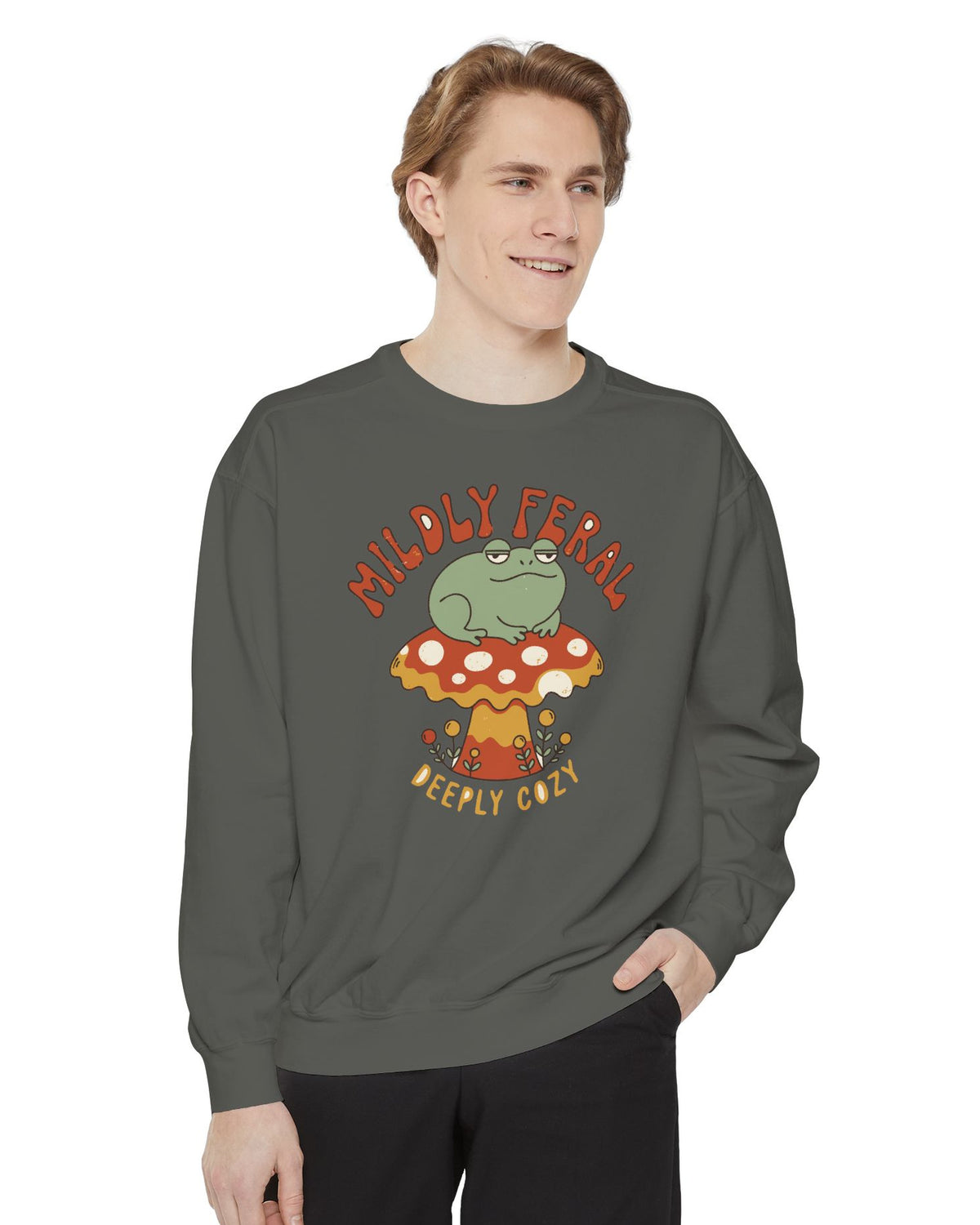Mildly Feral Deeply Cozy Frog Sweatshirt, worn by a model
