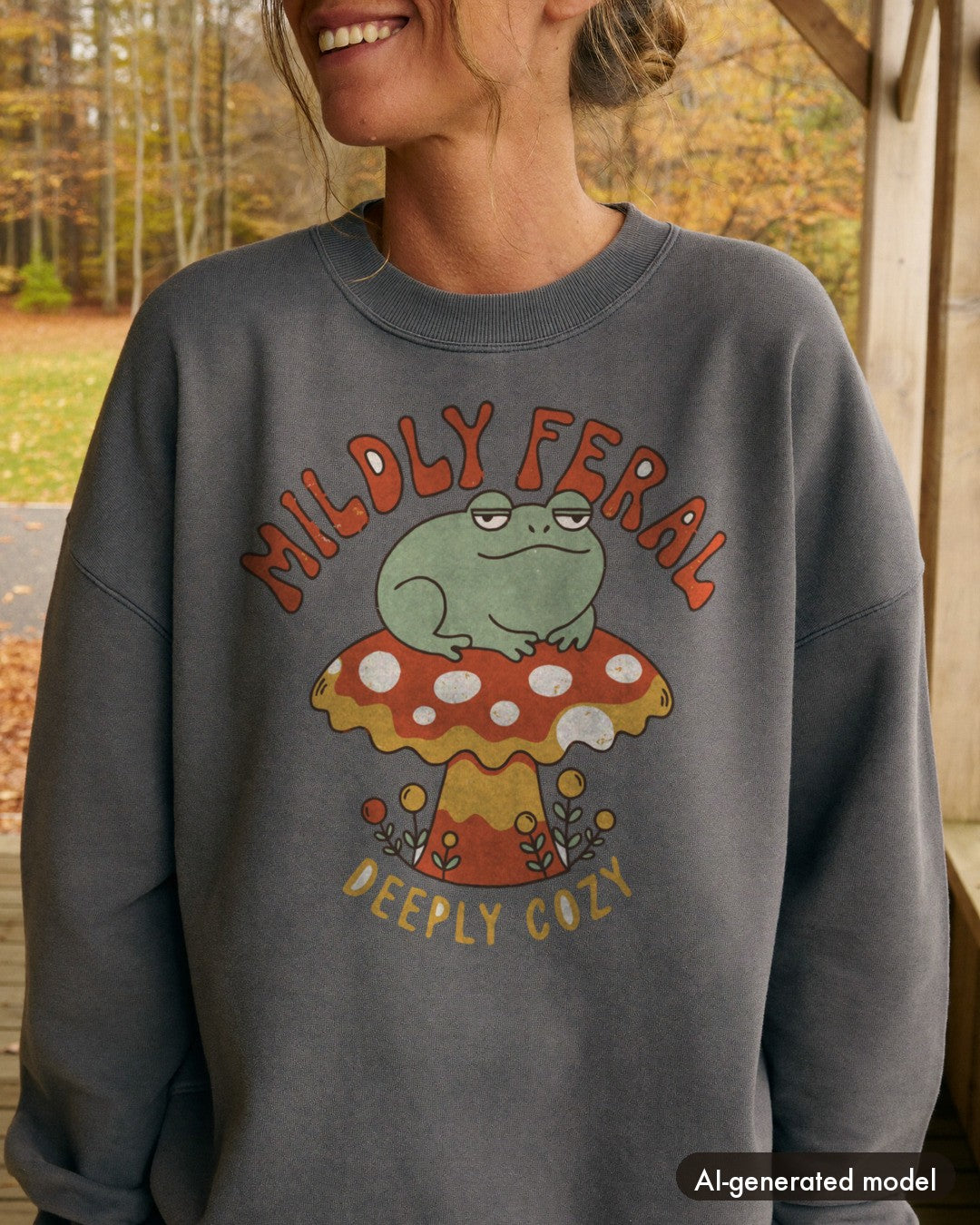 AI-generated model wearing the Mildly Feral Deeply Cozy Frog Sweatshirt