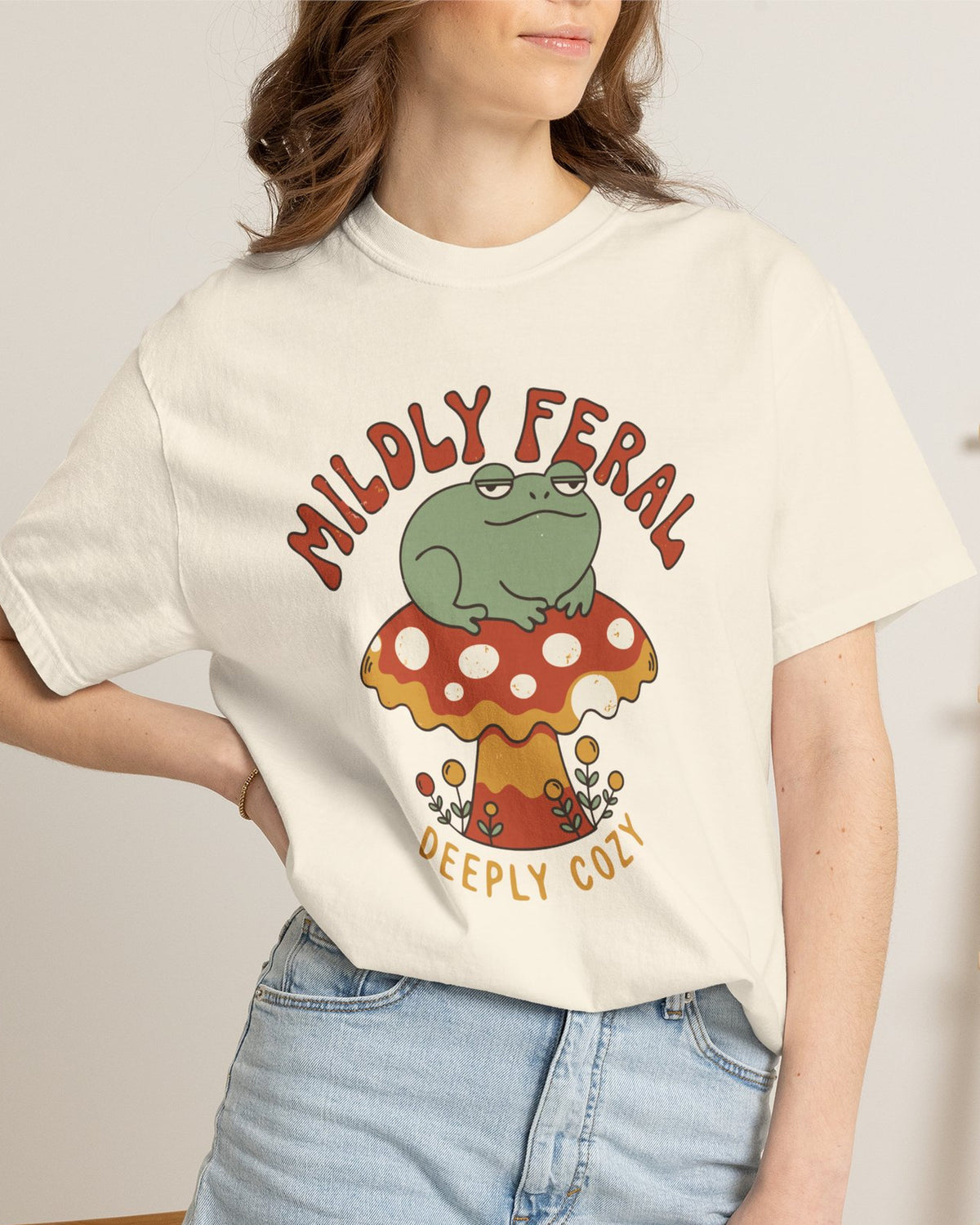 Mildly Feral Deeply Cozy Frog Shirt, worn by a model