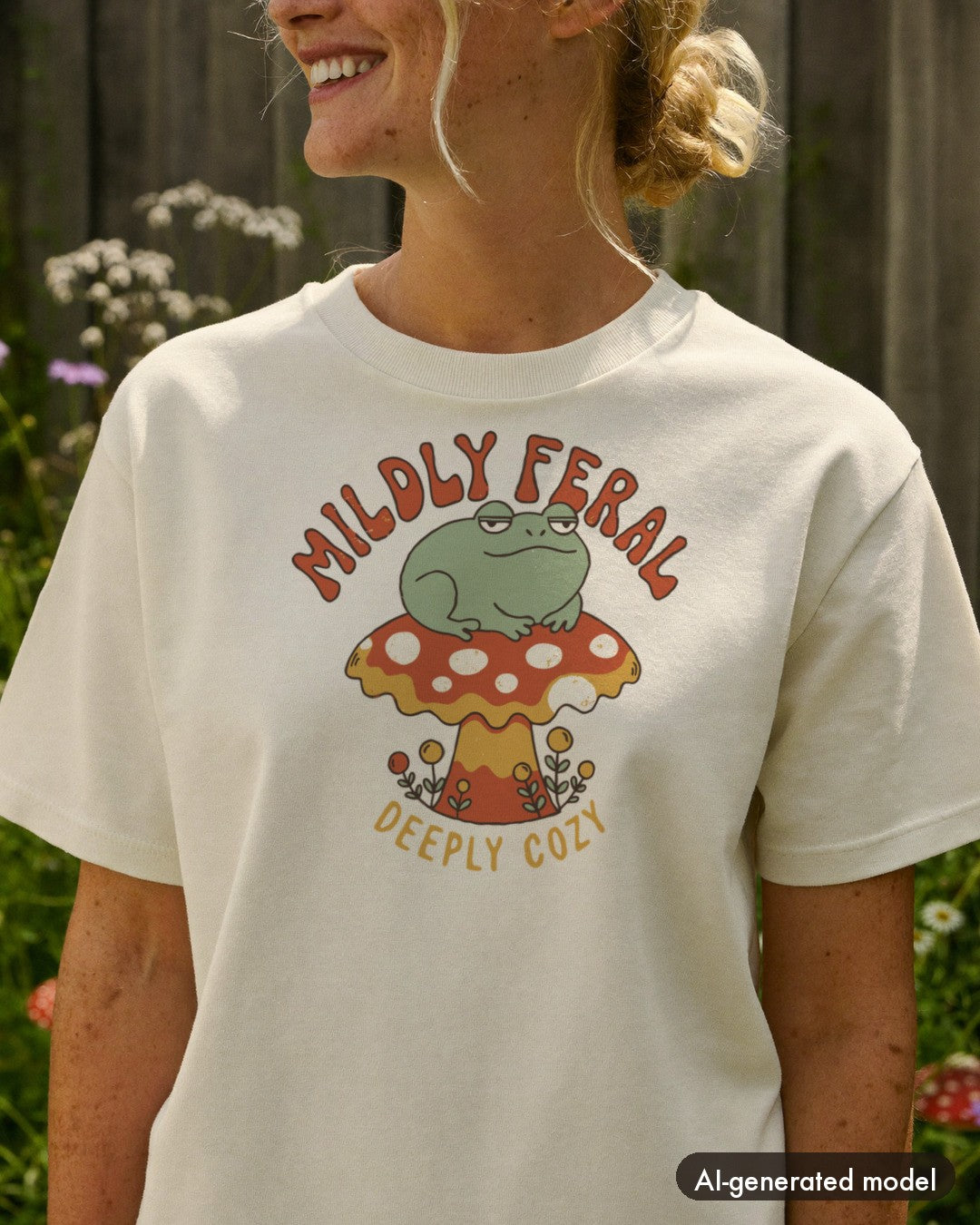 AI-generated model wearing the Mildly Feral Deeply Cozy Frog Shirt