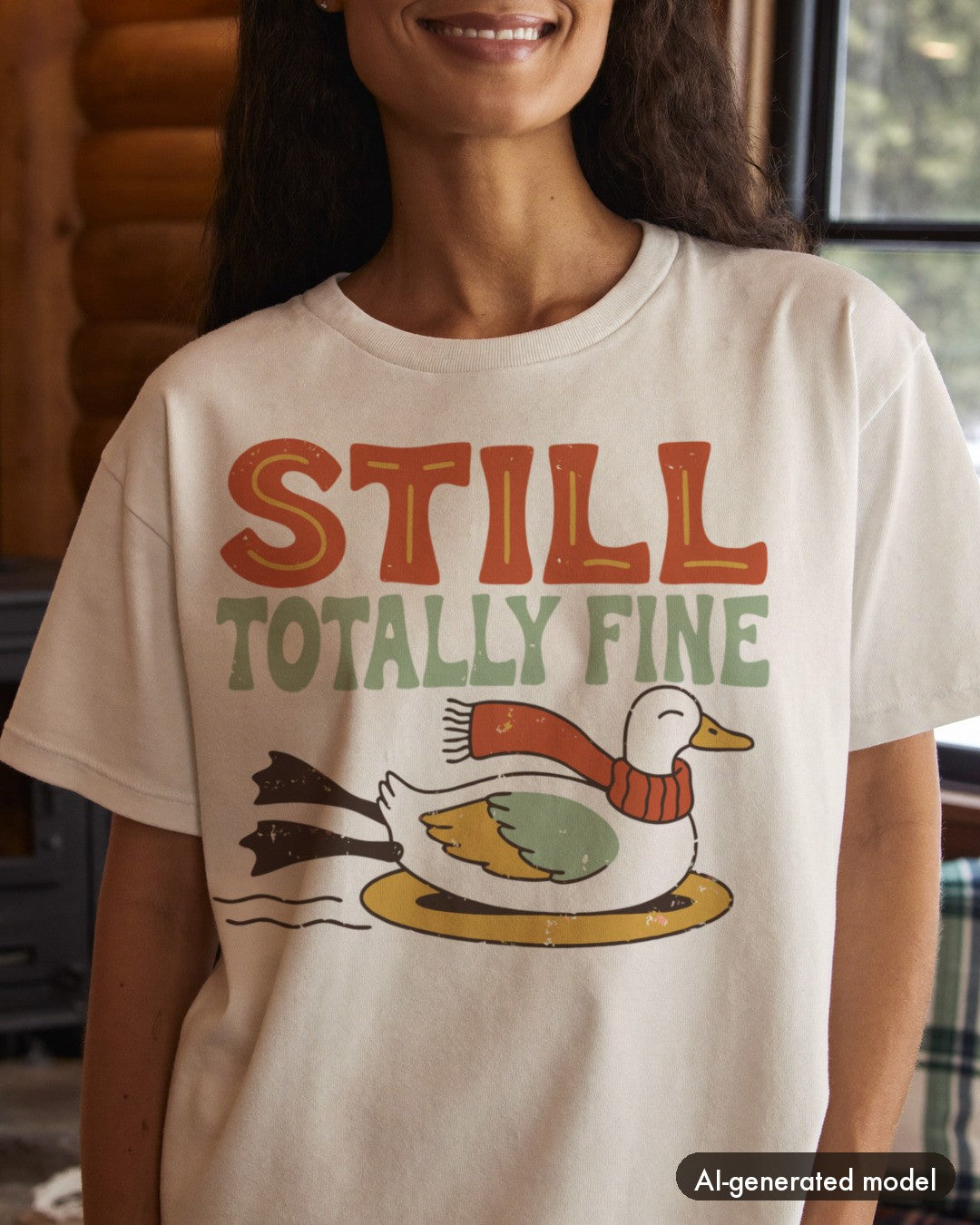 AI-generated model wearing the Still Totally Fine Duck Shirt