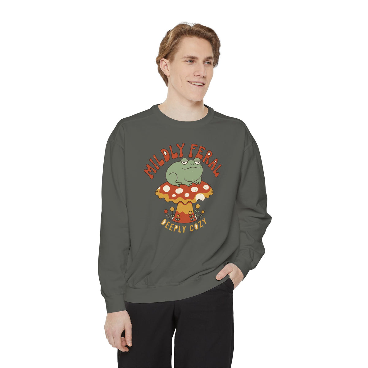 Mildly Feral Deeply Cozy Frog Sweatshirt, Comfort Colors Cottagecore Mushroom Crewneck, Retro Frog Lover Gift, Funny Introvert Shirt