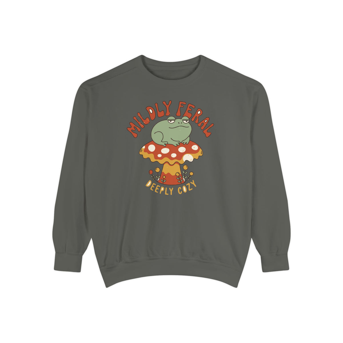 Mildly Feral Deeply Cozy Frog Sweatshirt, Comfort Colors Cottagecore Mushroom Crewneck, Retro Frog Lover Gift, Funny Introvert Shirt