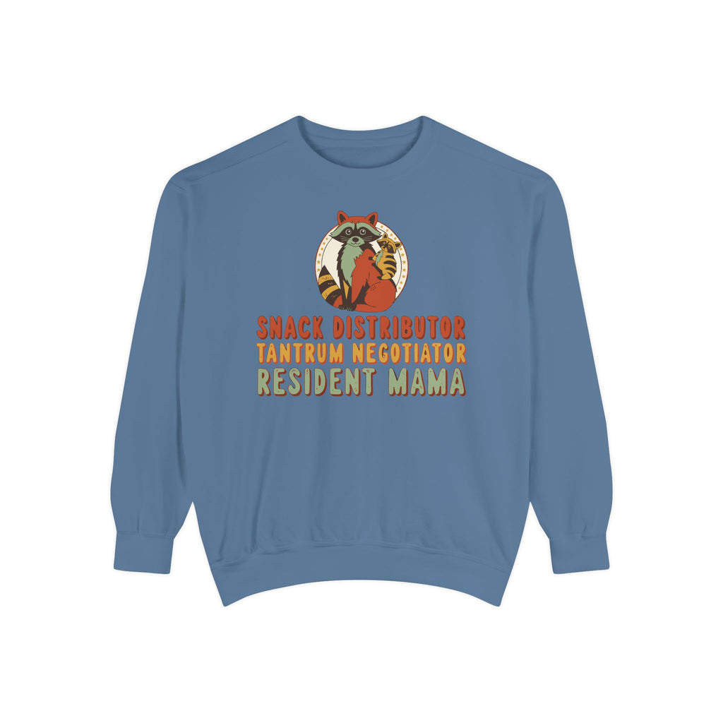 Snack Distributor Tantrum Negotiator Resident Mama Sweatshirt, Comfort Colors Funny Mom Crewneck, Mom Job Title Gift, Raccoon Mom Shirt