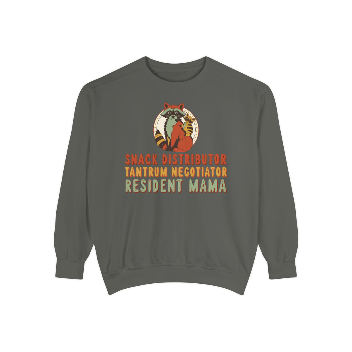 Snack Distributor Tantrum Negotiator Resident Mama Sweatshirt, Comfort Colors Funny Mom Crewneck, Mom Job Title Gift, Raccoon Mom Shirt
