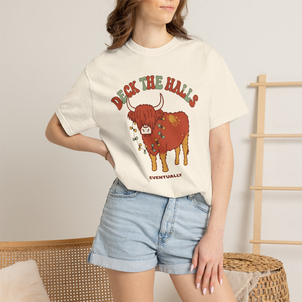 Deck The Halls Eventually Highland Cow Shirt, Comfort Colors Funny Christmas Cow Tee, Cow Lover Holiday Gift, Retro Xmas Shirt