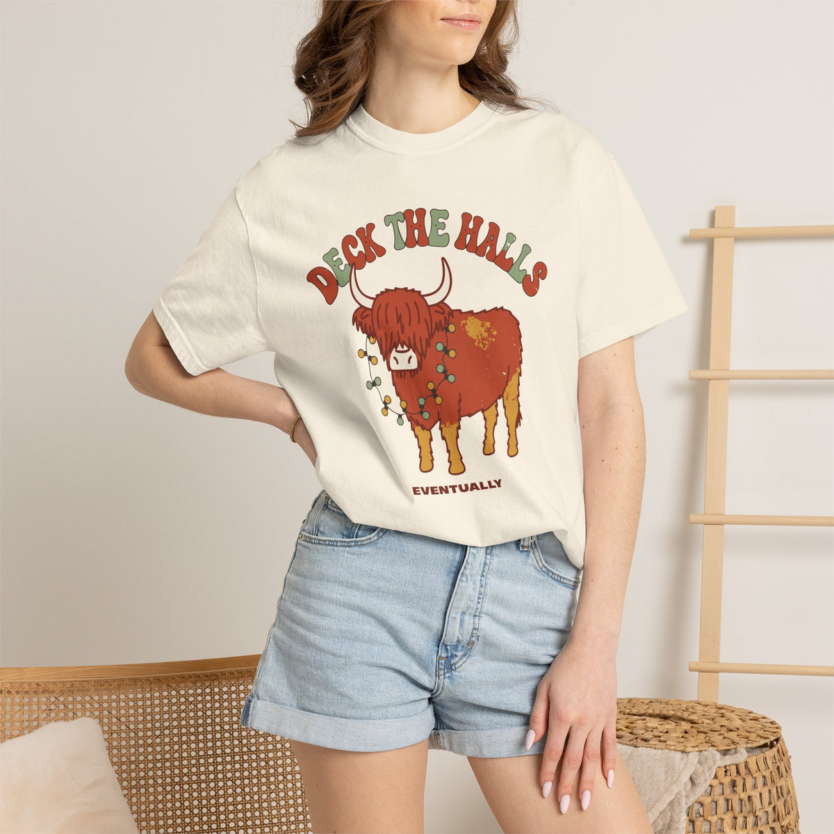 Deck The Halls Eventually Highland Cow Shirt, Comfort Colors Funny Christmas Cow Tee, Cow Lover Holiday Gift, Retro Xmas Shirt