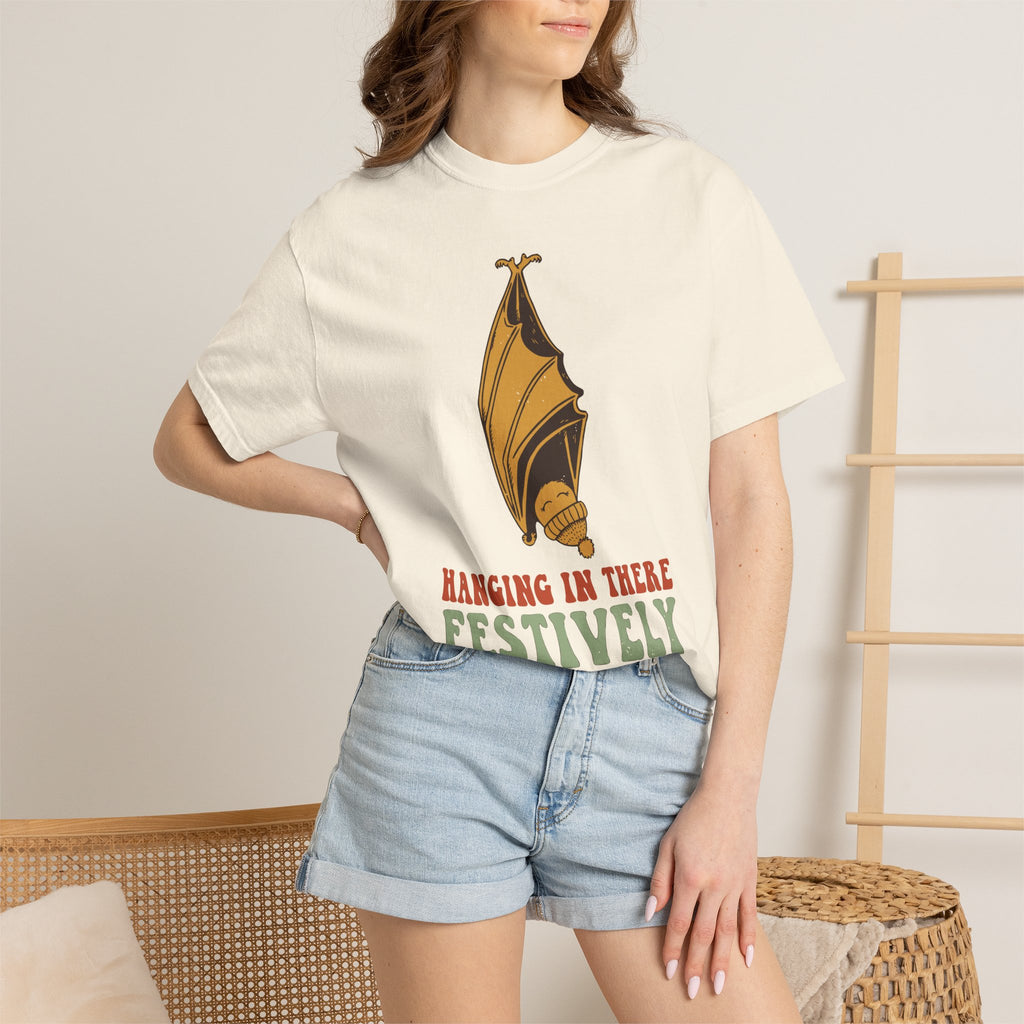 Hanging In There Festively Bat Shirt, Comfort Colors Funny Christmas Bat Tee, Spooky Holiday Gift, Retro Goth Xmas Shirt