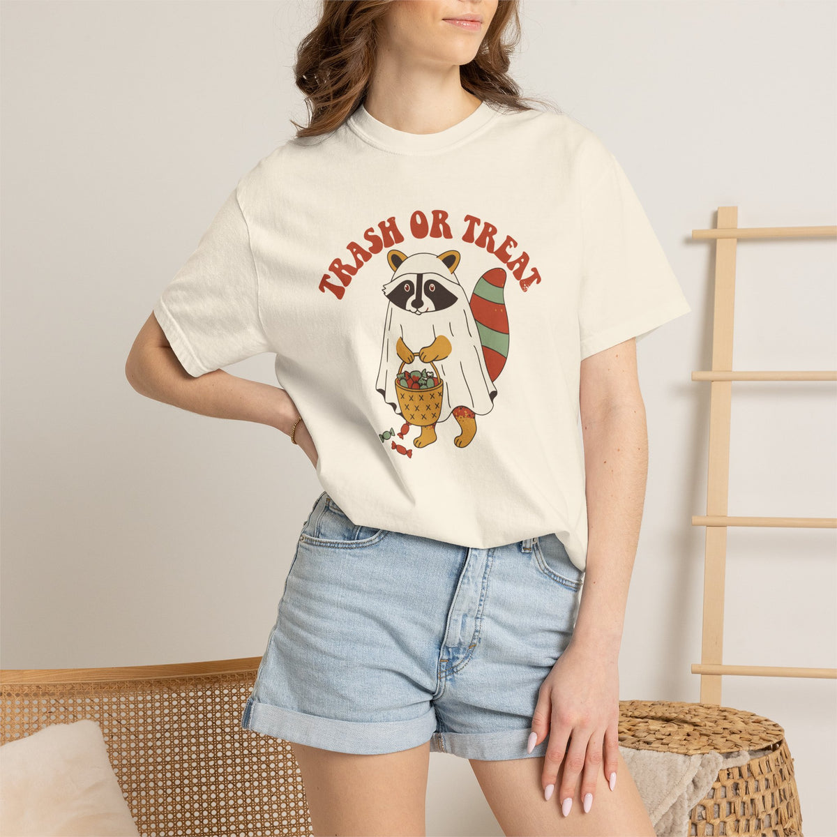 Trash Or Treat Raccoon Ghost Shirt, Comfort Colors Funny Halloween Tee, Trash Panda Halloween Gift, Retro Spooky Shirt